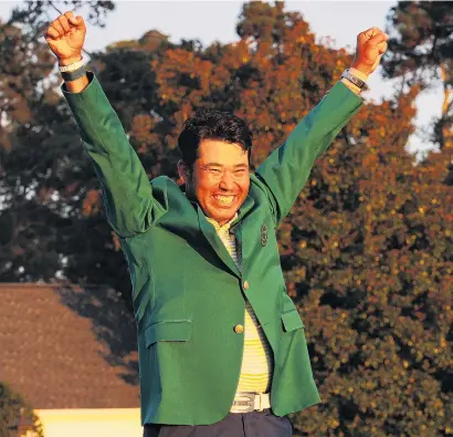  ?? PHOTO: GETTY IMAGES ?? Green day . . . Hideki Matsuyama celebrates in the Masters winner’s green jacket after his victory at Augusta National in Georgia yesterday. The Japanese golfer carded a 1over 73 yesterday to win by a shot.