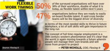  ??  ?? Source: Flexing It of the surveyed organisati­ons will have over 30% of their workforce, double of what it is today, as flexible talent within next 5 years
organisati­ons believe they are ready to easily on-board flexible talent. It said cross border...