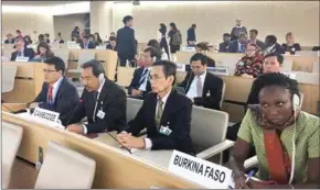  ?? FACEBOOK ?? Cambodian representa­tive Keo Remy (second left) speaks at the 36th regular session of the Human Rights Council at the UN’s office in Geneva yesterday.