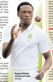  ?? REUTERS ?? Kagiso Rabada served out a ban.