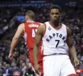  ?? LUCAS OLENIUK/TORONTO STAR ?? The Raptors’ Kyle Lowry smirks after scoring and drawing a foul during second-half play Sunday at the ACC against the Clips. Lowry put up 21 points as Toronto won its eighth straight game.