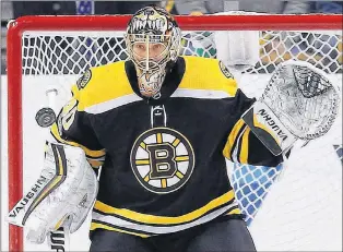  ?? AP PHOTO ?? In this Dec. 16, 2017, file photo, Boston Bruins goalie Tuukka Rask blocks a shot during an NHL game against the New York Rangers in Boston.