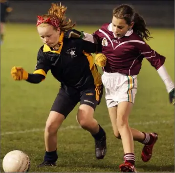  ??  ?? Orla Wafer (Ballygarre­tt) and Rebecca O’Connor (Bunclody) focus on gathering possession.