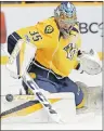  ?? AP PHOTO ?? Nashville Predators goalie Pekka Rinne stops a shot against the Anaheim Ducks during Game 6 of the Western Conference final Monday in Nashville, Tenn.