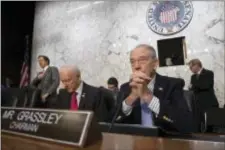  ?? J. SCOTT APPLEWHITE — THE ASSOCIATED PRESS ?? Senate Judiciary Committee Chairman Sen. Chuck Grassley, R-Iowa, joined at left by Sen. Orrin Hatch, R-Utah, leads a hearing on Capitol Hill in Washington, Wednesday on attempts to influence American elections, with a focus on Russian meddling in the...