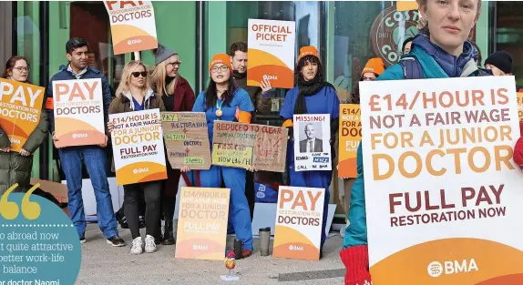  ?? ?? Doctors on the picket line at the QE. Right: Naomi Collier who is ditching Britain