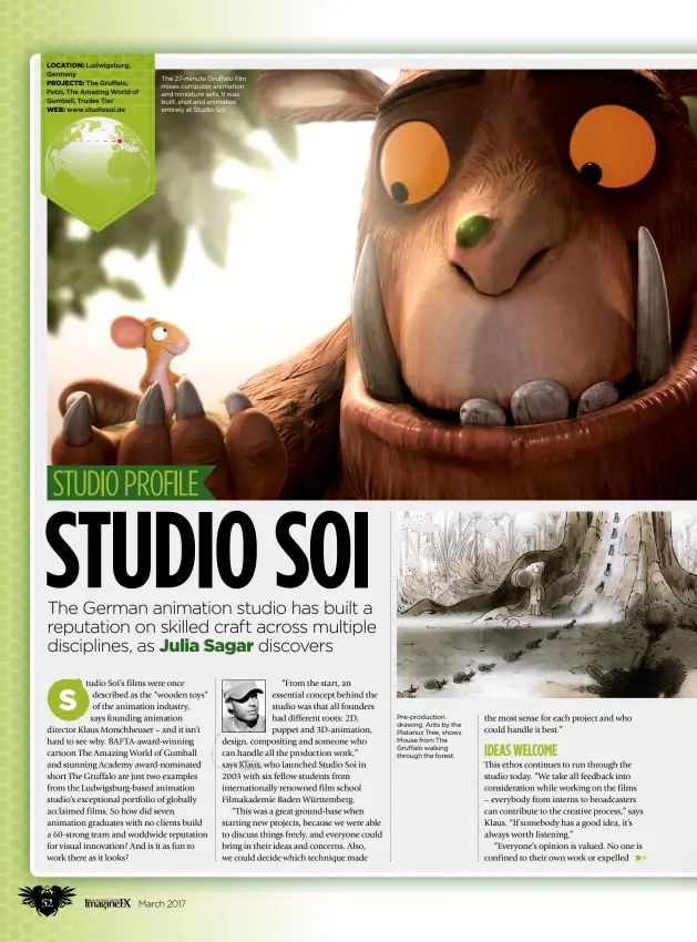  ??  ?? The 27-minute Gruffalo film mixes computer animation and miniature sets. It was built, shot and animated entirely at Studio Soi. Pre-production drawing, Ants by the Platanus Tree, shows Mouse from The Gruffalo walking through the forest. Location:...