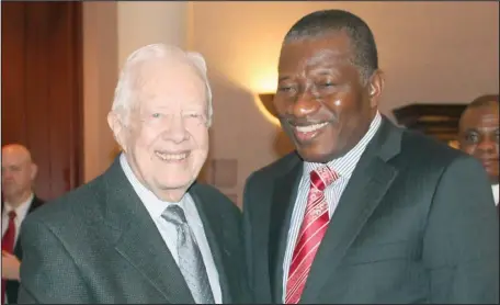  ??  ?? Former United States President, Mr. Jimmy Carter (left), welcoming former President, Dr. Goodluck Jonathan, to the Jimmy Carter Presidenti­al Library and Museum located at the Carter Center in Atlanta, USA...yesterday