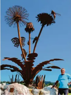  ?? Foto: Alexandra Decker ?? Ulrich Böck hat ehrenamtli­ch einen fünf Meter großen Löwenzahn aus Metall für ei‰ nen Kreisverke­hr bei Seeg im Ostallgäu gebaut.