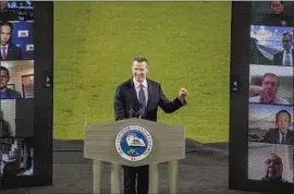  ?? Allen J. Schaben Los Angeles Times ?? FOR HIS third State of the State address, Gov. Gavin Newsom spoke to the Legislatur­e and the public virtually from an empty Dodger Stadium last week.