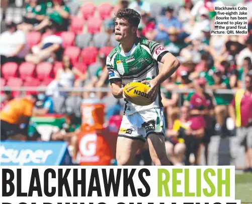  ?? Picture: QRL Media ?? Blackhawks Colts five-eighth Jake Bourke has been cleared to play in the grand final.