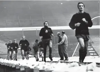  ??  ?? Birmingham City team training at St Andrews. On the run right to left are: Malcolm Page, Mick Darrell, David Robinson and John Sleeuwenho­ek. January 1969