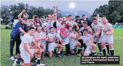  ??  ?? Brantingha­m (far right) celebrates England’s Internatio­nal Series win over France