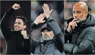  ?? ?? ARSENAL coach Mikel Arteta, Liverpool’s Jurgen Klopp and Manchester City’s Pep Guardiola are involved in a three-way horse race for the English Premier League. | AFP