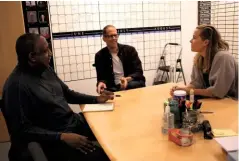  ??  ?? Top: Joe’s soul and 22 journey through ‘The Great Before’. Above: Director Pete Docter, co-director Kemp Powers and producer Dana Murray meet at Pixar Animation Studios in California.