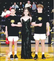  ?? ?? Freshman maid Faith Lawhorn, daughter of Eran and Sarah Lawhorn, escorted by Braden Hudgens, son of Stephanie Hudgens, and David Stephen, son of Greg and Candice Gentry, and Kevin and Kristen Stephens.