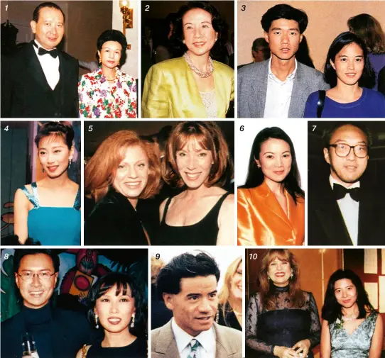  ??  ?? 1. David and Penny Li at a Society for the Promotion of Hospice Care fundraiser at Government House (1994). 2. Eleanor Morris at a cocktail party at the Grand Hyatt Hong Kong (1995). 3. Jay and Marissa Shaw at the opening night of an art exhibition at...