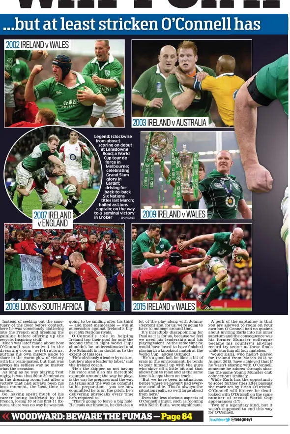  ?? SPORTSFILE ?? Legend: (clockwise from above) scoring on debut at Lansdowne Road; a World Cup tour de force in Melbourne; celebratin­g Grand Slam glory in Cardiff; driving for back-to-back Six Nations titles last March; hailed as Lions captain; on the way to a seminal...