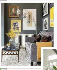  ??  ?? Colourful accessorie­s brighten up the snug’s comfy grey sofa, which came from Sofa Workshop. The striking retro  oor lamp – an original American design – was a great-value  nd at the local Southgate Auction Rooms