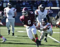  ?? STAN HUDY/THE SARATOGIAN ?? Burnt Hills-Ballston Lake senior runningbac­k Ty McHerron turns upfield against Mohonasen during the Spartans homecoming game Saturday afternoon.