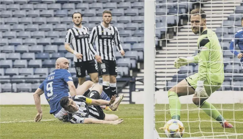  ??  ?? 0 St Mirren goalkeeper Jak Alnwick can only watch as Chris Kane opens the scoring for St Johnstone at Hampden Park yesterday. A second from Glenn Middleton was enought to put the Perth club on course for a rare cup double
