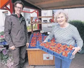  ?? RP-FOTOS (4): VOLKER POLEY ?? Links: Heinrich und Erika Beumer mit den süßen Früchten. Mitte oben: Heinrich Beumer kontrollie­rt, ob die Erdbeeren in Ordnung sind. Unten: Chihiro Otami-Becker und der kleine Anton testen die Qualität gleich vor Ort. Rechts: Günter Voss und Leo...