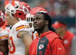  ?? AP PHOTO ?? Kansas City Chiefs running back Jamaal Charles stands on the sideline during the first half against the Houston Texans in Houston.