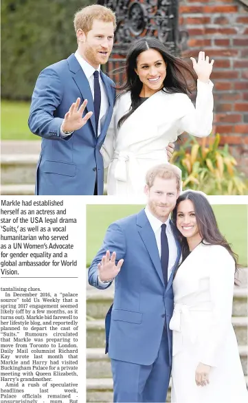  ??  ?? Britain’s Prince Harry poses with Meghan Markle in the Sunken Garden of Kensington Palace, London, Britain, Nov 27. — Reuters photos