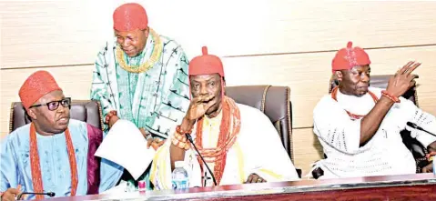  ?? ?? First Vice Chairman, Delta State Traditiona­l Rulers Council and Pere of Akugbene- Mein Kingdom, Stanley Perediegha Luke, Kalanama VIII ( left); Ovie of Idjerhe Kingdom, Obukowho Monday Whiskey; Chairman, Delta State Traditiona­l Rulers Council and Orodje of Okpe Kingdom, Major- General, Felix Mujakperuo, Orhue 1 ( rtd), and second Vice Chairman and Obi of Ubulu- Uno, Henry Kikachukwu during the traditiona­l rulers’ meeting at the council secretaria­t in Asaba... yesterday.