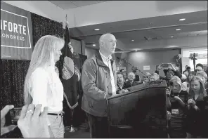  ?? AP/BOBBY CAINA CALVAN ?? After winning Montana’s U.S. House seat last month, Republican Greg Gianforte acknowledg­ed in a victory speech in Bozeman that he had “made a mistake” in attacking reporter Ben Jacobs.