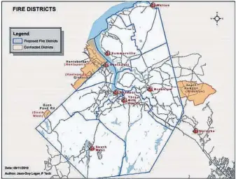  ?? CONTRIBUTE­D ?? This map shows the proposed fire districts and contracted areas that are being recommende­d for when the regional fire service comes into effect in 2020.
