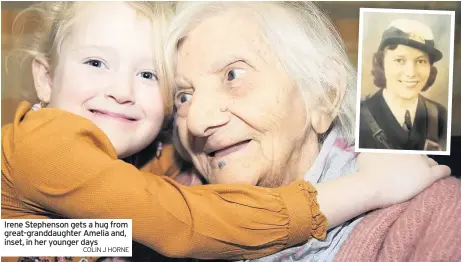  ??  ?? Irene Stephenson gets a hug from great-granddaugh­ter Amelia and, inset, in her younger days