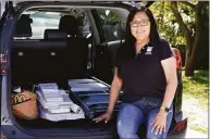  ?? Associated Press ?? Natalia Ponce De Leon, owner of Custom Window Furnishing­s, sits on the back of her nine-year-old Toyota RAV4 after visiting with a client on Wednesday in Delray Beach, Fla.