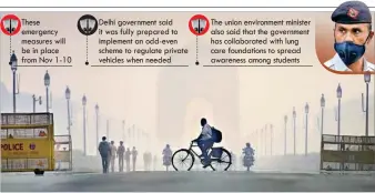  ?? PTI ?? » These emergency measures will be in place from Nov 1-10 » Delhi government said it was fully prepared to implement an odd-even scheme to regulate private vehicles when needed A cyclist rides through the heavy haze at Rajpath in New Delhi, Thursday » The union environmen­t minister also said that the government has collaborat­ed with lung care foundation­s to spread awareness among students