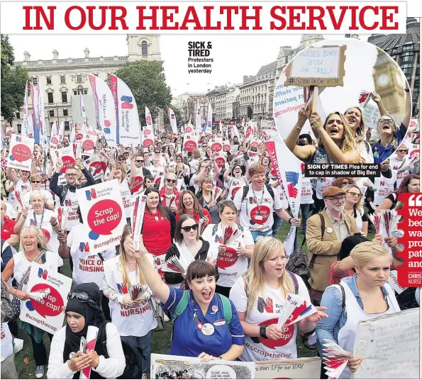  ??  ?? SICK & TIRED Protesters in London yesterday SIGN OF TIMES Plea for end to cap in shadow of Big Ben