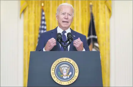  ?? EVAN VUCCI — THE ASSOCIATED PRESS ?? President Joe Biden speaks about the bombings at the Kabul airport that killed at least 13U.S. service members, from the East Room of the White House, Thursday, Aug. 26, in Washington.