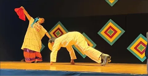  ?? RECORDER PHOTO BY ESTHER AVILA ?? Two dancers from Laura Rodriguez’ Spin Academy entertain the crowd Wednesday during the CHMA Cinco de Mayo Queen pageant ceremonies.