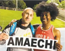  ?? Mitch Stephens / MaxPreps ?? Lincoln senior Pamela Amaechi and coach Kevin Doherty pose after Amaechi won the state shot put title in Clovis (Fresno County), where Amaechi was second in the discus