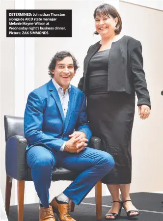  ?? Picture: ZAK SIMMONDS ?? DETERMINED: Johnathan Thurston alongside AICD state manager Melanie Mayne- Wilson at Wednesday night’s business dinner.