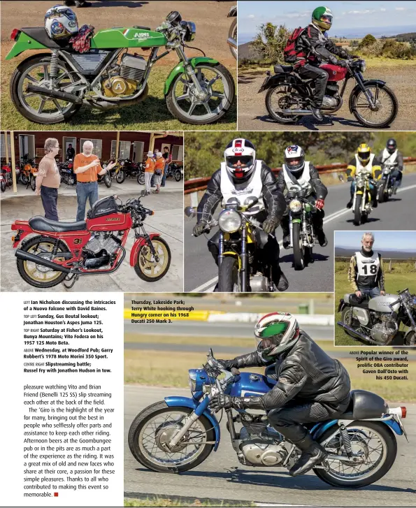  ??  ?? LEFT Ian Nicholson discussing the intricacie­s of a Nuovo Falcone with David Baines. TOP LEFT Sunday, Gus Beutal lookout; Jonathan Houston’s Aspes Juma 125. TOP RIGHT Saturday at Fisher’s Lookout, Bunya Mountains; Vito Fodera on his 1957 125 Moto Beta....