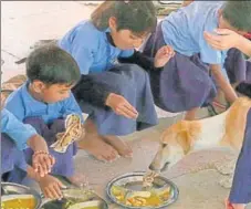  ?? HIMANSHU VYAS/HT ?? Stray dogs snatch food from the plates of students at the Khat Kalan Government Secondary School in Rajasthan.