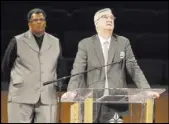  ?? Darron Cummings The Associated Press ?? Indiana Gov. Eric Holcomb speaks Saturday during the funeral for Horace Coleman, Belinda Coleman, Irvin Coleman, Angela Coleman and Maxwell Coleman Ly in Indianapol­is.