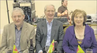  ??  ?? Michael Farrell with Jim and Margaret Harmon at the ‘Come Dine with Me’ evening in Kiltegan in aid of the West Wicklow Day Care Centre.