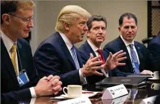  ?? CHIP SOMODEVILL­A / GETTY IMAGES ?? President Donald Trump speaks Jan. 23 at the White House during a meeting with business leaders including (from left) Wendell Weeks of Corning, Alex Gorsky of Johnson & Johnson, and Michael Dell of Dell Technologi­es. Four CEOs have left Trump’s...