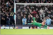  ?? AP/PTI ?? Manchester City’s goalkeeper Ederson (right) fails to save the ball as Real Madrid’s Antonio Rudiger scores the winning penalty during a penalty shootout during the Champions League match