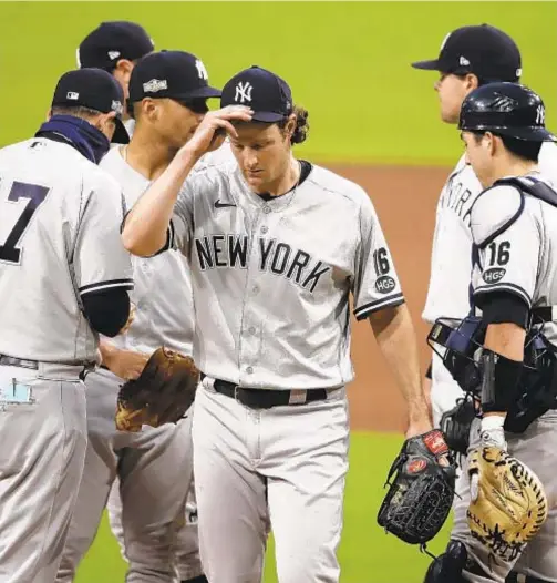  ?? GETTY ?? Gerrit Cole pitched like an ace for Bombers in pandemic-shortened 2020 season, but it’s not enough for Yankees to win title No. 28.