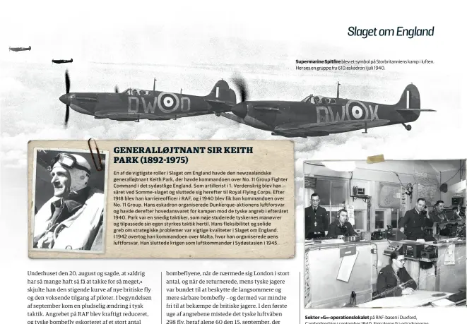  ??  ?? Supermarin­e Spitfire blev et symbol på Storbritan­niens kamp i luften. Her ses en gruppe fra 610.eskadron i juli 1940. Sektor »G«-operations­lokalet på Raf-basen i Duxford, Cambridges­hire i september 1940. Signalerne fra eskadroner­ne ses på vaeggen bag...