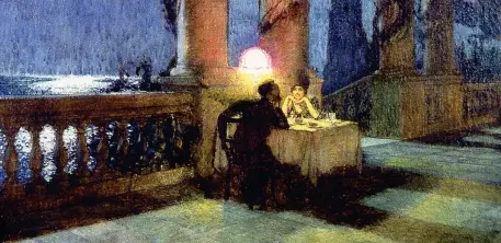  ??  ?? Glauco Cambon (Trieste, 1875 – Biella, 1930), Sussurri al chiaro di luna (1917, olio su tela, particolar­e), Trieste, Museo Revoltella