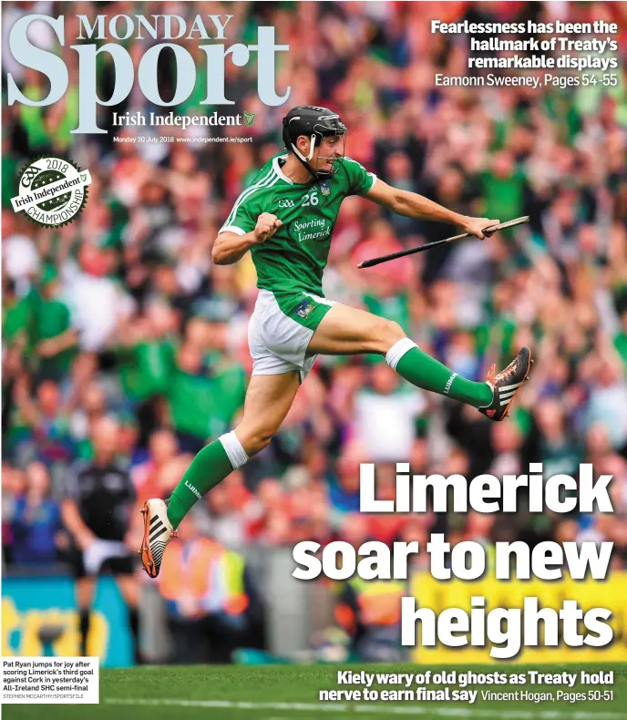  ?? STEPHEN MCCARTHY/SPORTSFILE ?? Pat Ryan jumps for joy after scoring Limerick’s third goal against Cork in yesterday’s All-Ireland SHC semi-final