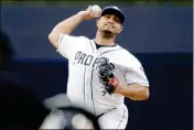  ?? ASSOCIATED PRESS ?? SAN DIEGO PADRES STARTING PITCHER Jhoulys Chacin works against a Minnesota Twins batter during the first inning of Tuesday’s game in San Diego.